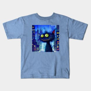 Coffee Drinking Blue Cat Stays Up All Night in the City Kids T-Shirt